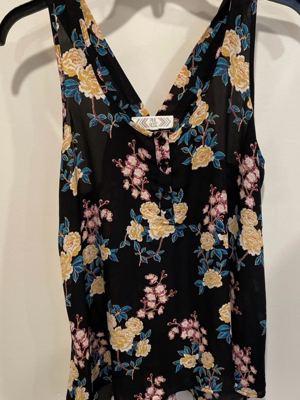 Pink Rose Women Camisole Black w/Yellow Roses Size L